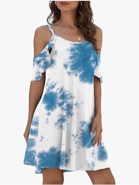 Jouica Blue & White Tie-Dye Cold-Shoulder Swim Coverup Sundress M